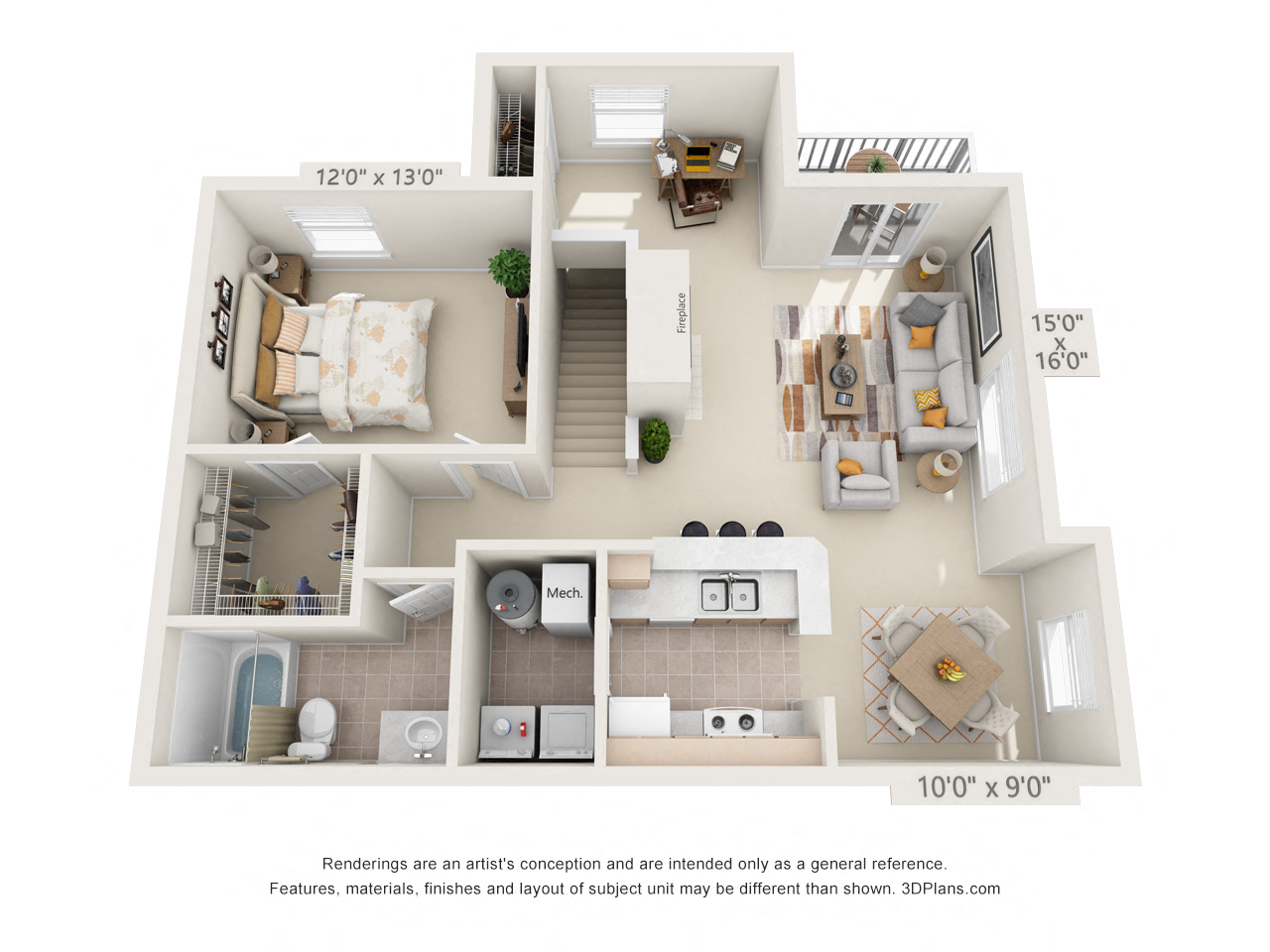 Floor plan for 1 bed, 1 bath, 969 sqft